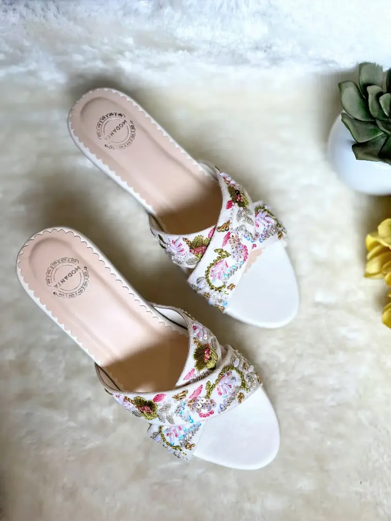 White Embroidered Wedges