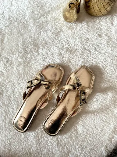 Gold Cross Strap Buckle Flats