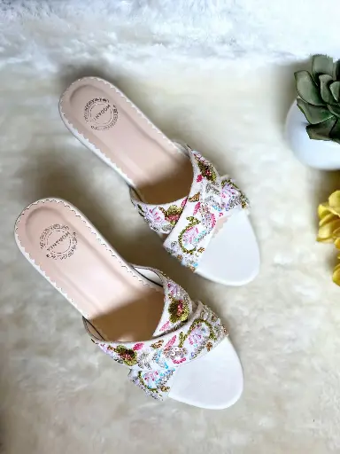White Embroidered Wedges